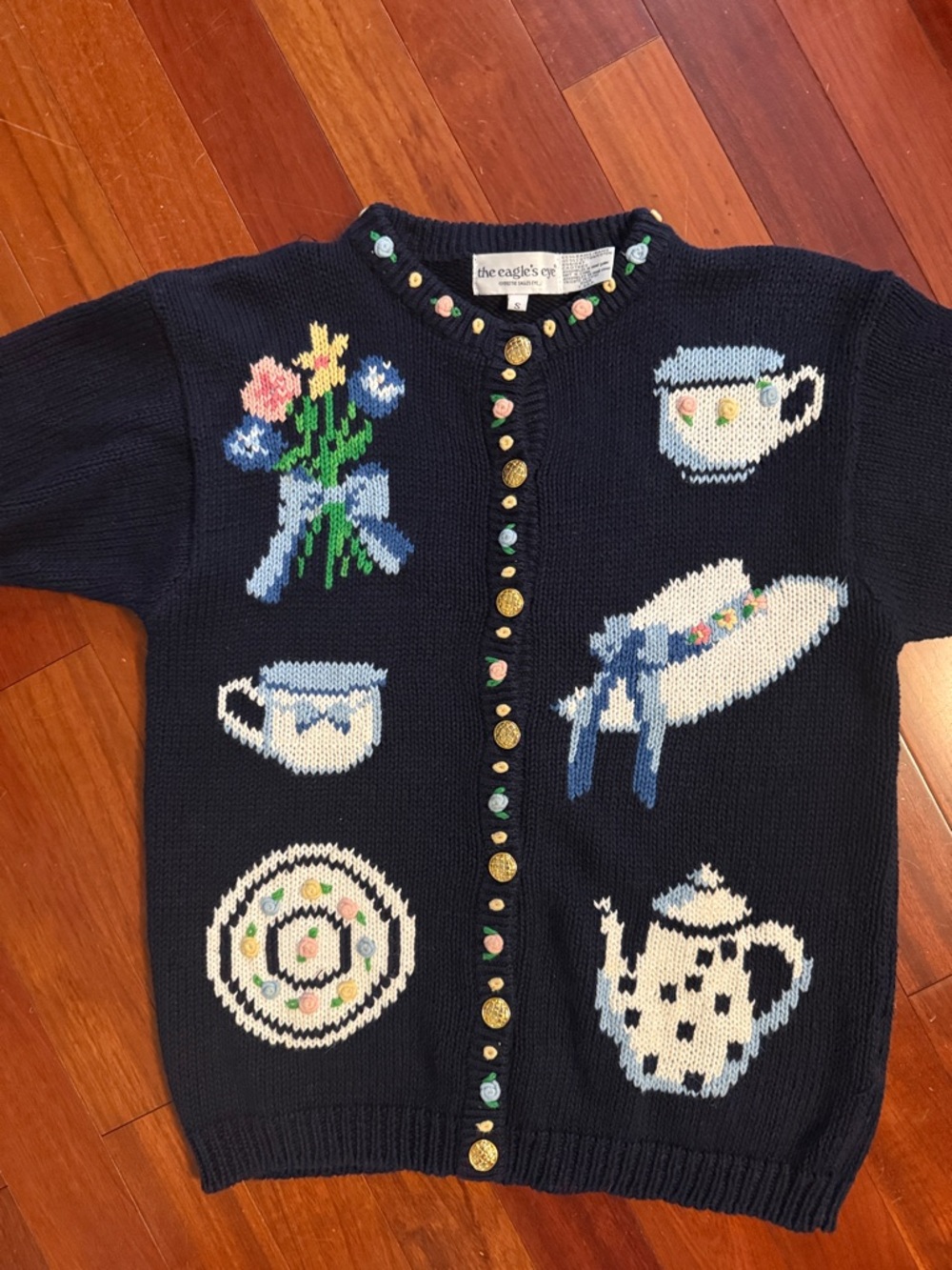 Vintage Eagle's Eye Navy Tea Party SS Cardigan with Floral and Tea Motifs Size S